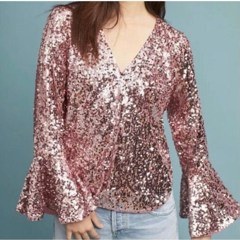 ANTHROPOLOGIE Moulinette Soeurs Pink Sequin V Neck Blouse Bell Sleeve    Size 2